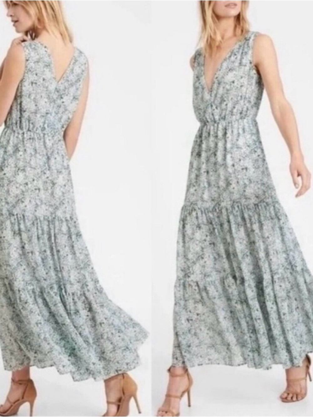 Sleeveless V-Neck Floral Maxi Dress in Sage Green size L Tall NWT